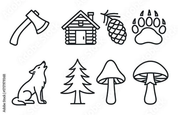 Fototapeta Icons of nature: axe, cabin, pine cone, paw print, wolf, tree, mushrooms