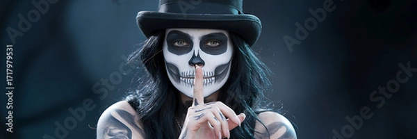 Obraz Mysterious person in skull face paint and top hat with illustration