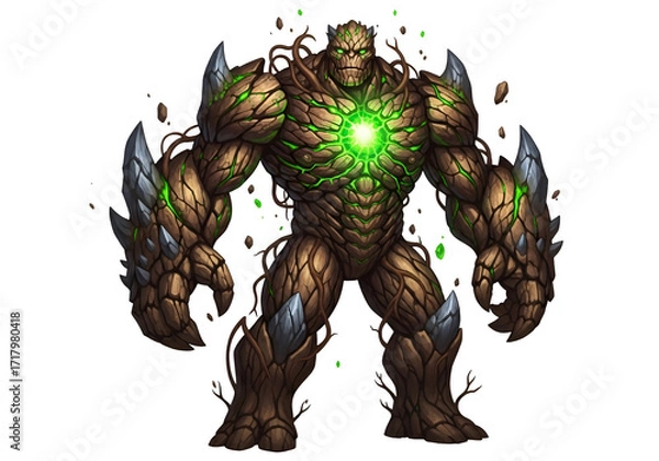 Fototapeta A formidable, earthy creature, composed of stone and wood, stands imposingly against a black background.