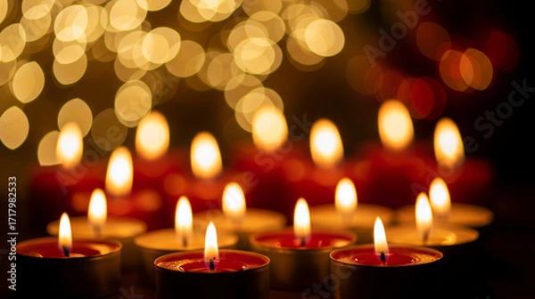 Fototapeta Burning candles creating a warm and cozy atmosphere with soft bokeh lights