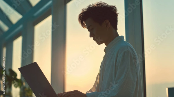 Fototapeta Side View of Japanese Man Typing on Laptop with Soft Lighting