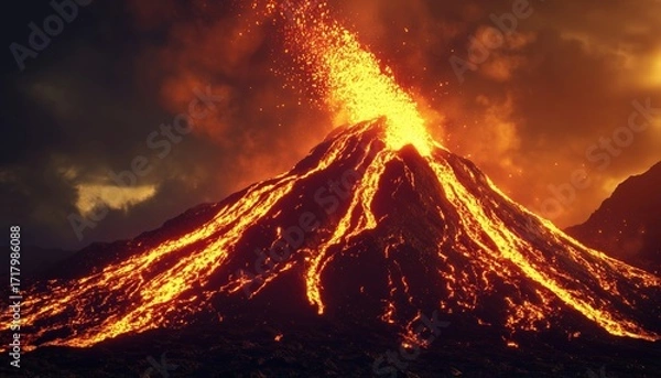 Fototapeta Massive Volcanic Eruption Spewing Molten Lava And Toxic Gases Into The Sky, Creating A Spectacular And Ominous Display Of Nature.