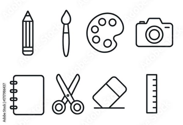 Fototapeta Art tools icon set featuring pencil brush palette camera notebook scissors eraser ruler
