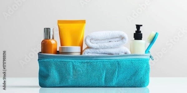 Fototapeta A turquoise travel pouch contains toiletries. Inside, a folded white towel, a tube of orange lotion, a yellow tube of cream, a small white jar, and a pump bottle of white lotion are neatly arranged. 