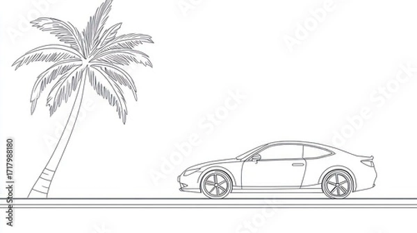 Fototapeta Outline drawing car and palm tree