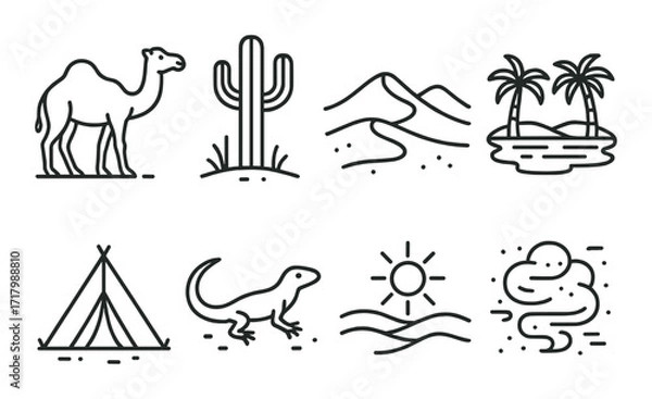 Fototapeta Desert symbols: camel, cactus, dunes, oasis, tent, lizard, sun, clouds in minimalist design