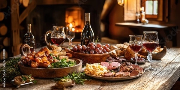 Fototapeta A rustic wooden table is laden with a lavish spread of food and wine, set in a cozy, dimly lit room with a stone fireplace.