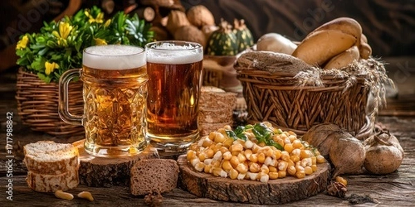 Fototapeta Two full mugs of amber beer sit on a rustic wooden table alongside a woven basket filled with potatoes, corn, and bread. A small pile of popcorn rests on a wooden slice. 