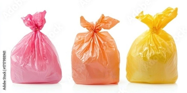 Fototapeta Three plastic trash bags are arranged in a row against a white background. The bags are colored pink, orange, and yellow, and each is tied with a knot. T