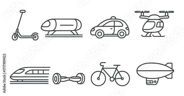 Fototapeta Futuristic transport icons: scooter, hyperloop, car, helicopter, train, hoverboard, bicycle, blimp