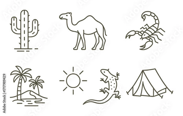 Fototapeta Desert symbols: cactus, camel, scorpion, island, sun, lizard, tent illustrations