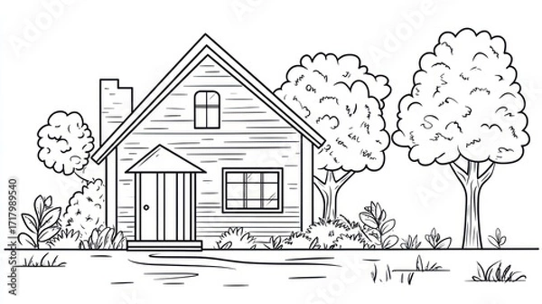 Fototapeta Sketchy house and trees illustration
