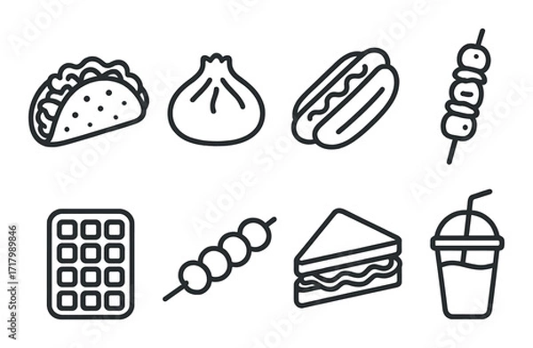 Fototapeta Monochrome outline of various food icons including hotdog and dumpling