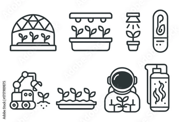 Fototapeta Line art icons of automated greenhouse and hydroponic plant cultivation