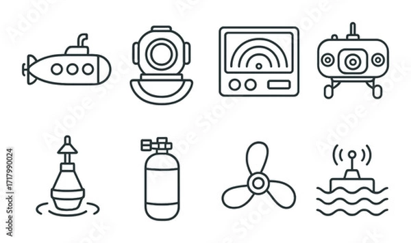 Fototapeta Outline icons of submarine, diving helmet, radar, camera, buoy, cylinder, propeller, antenna