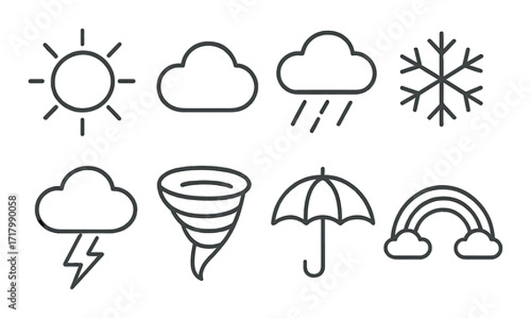 Fototapeta Weather icons: sun, cloud, rain, snowflake, lightning, tornado, umbrella, rainbow