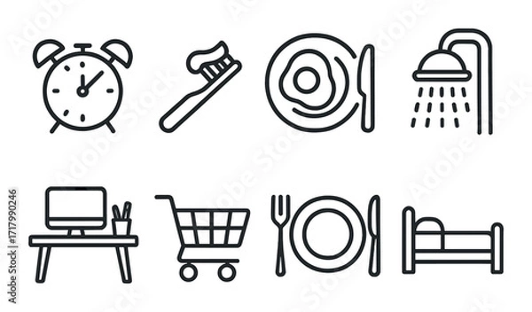 Fototapeta Daily routine icons: alarm clock, toothbrush, breakfast, shower, workstation, shopping cart, dining, bed