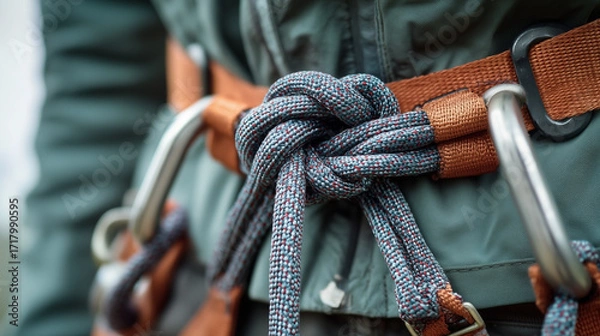 Fototapeta A person is wearing a harness with a rope tied around their waist