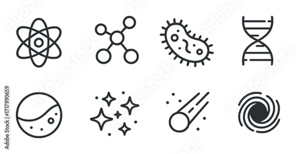Fototapeta Scientific icons: atom, molecule, bacteria, dna helix, planet, stars, comet, galaxy spiral