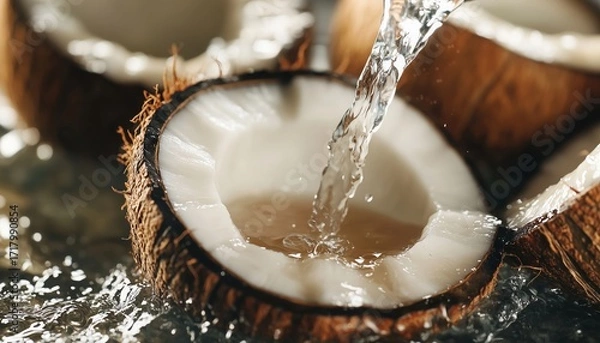 Fototapeta Close-Up Of Coconut Halves Receiving Fresh Water Being Poured Into One Of Them. A Detailed Shot Capturing The Hydration Process.