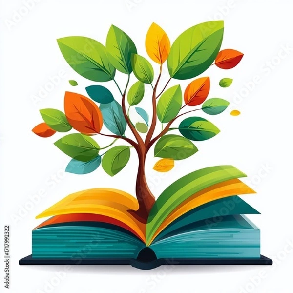 Fototapeta Inspiring Growth A Flat Design Vector Illustration of a Plant Sprouting from a Book Symbolising Knowledge and Learning