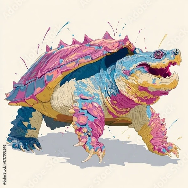 Fototapeta An Illustration of a Frazzled Alligator Snapping Turtle Perfectly Captured in Dynamic Action