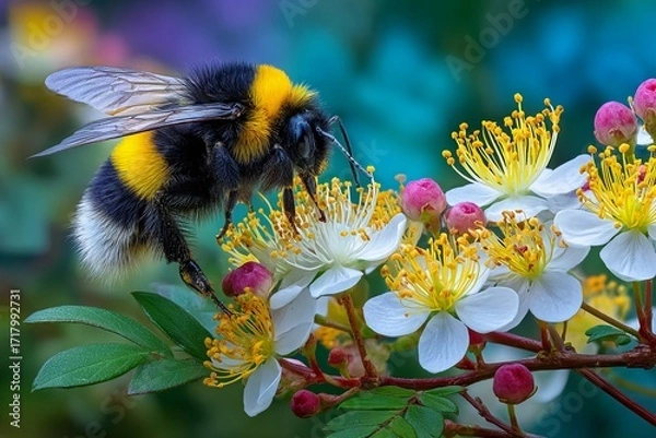Fototapeta A Closeup View of a Bumble Bee Dusted in Pollen Macro Photography of an Insect Covered in Sticky