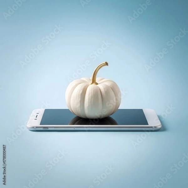 Fototapeta Minimalist Autumn White Pumpkin Resting on a Smartphone Displaying a Soft Blue Gradient Background and Subtle Shadowing