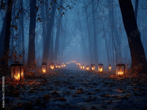 Fototapeta enchanting spooky forest path: a cinematic stock photo for mysterious interior decor, perfect as a poster for halloween-themed spaces