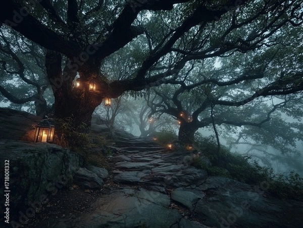Fototapeta enchanting spooky path: twisted tree branches under a foggy lantern glow, perfect for a hauntingly beautiful wall poster or spooky decor in any interior space