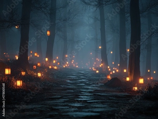 Fototapeta enchanting spooky woodland footpath: a cinematic perspective of fog and lanterns - perfect for captivating posters or home decor to add a touch of mystery and warmth