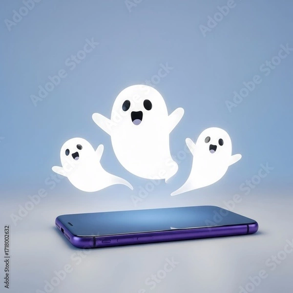 Obraz Spooky ghosts appearing from a smartphone screen with a soft blue background creating an ethereal atmosphere