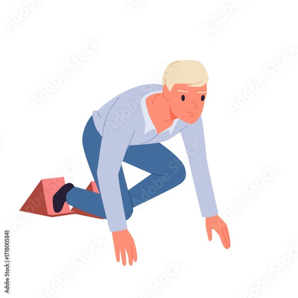 Fototapeta Willingness to business challenge, career race and focus on goals of businessman. Young employee ready to start and begin new job, compete and run in company competition cartoon vector illustration