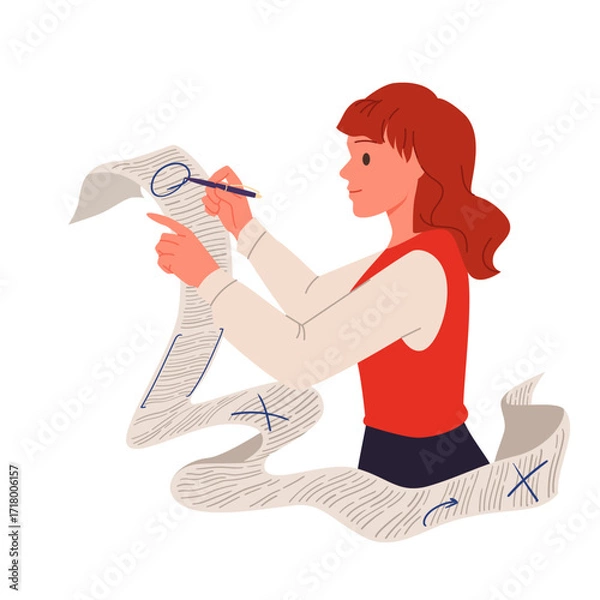 Fototapeta Text of article and content review by editor, proofreading process. Girl holding pen to proofread and check grammar mistake and spelling with accuracy in paper document cartoon vector illustration