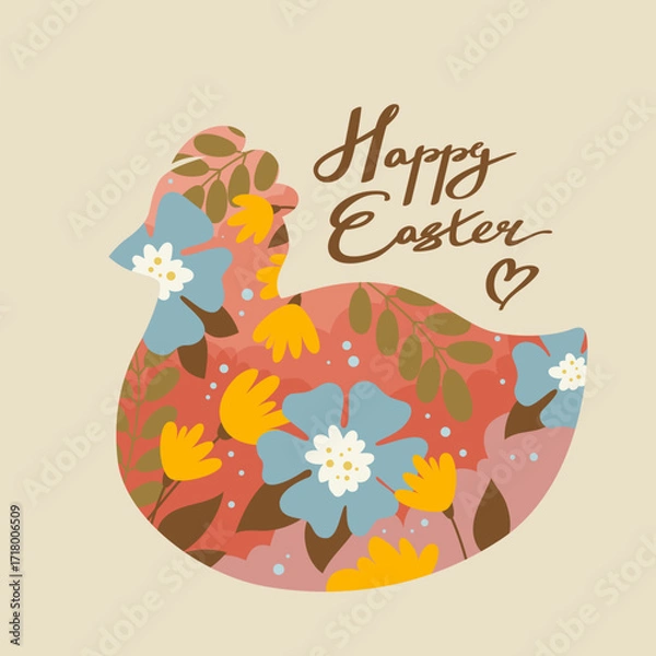 Fototapeta Happy Easter banner, poster, greeting card with calligraphy text and heart, spring blossom and cute colorful flowers, floral pattern inside silhouette of funny chicken cartoon vector illustration