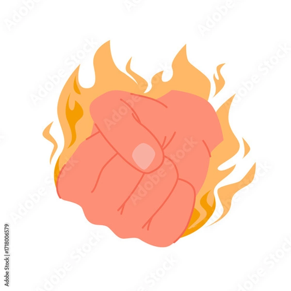 Fototapeta Fire blazing clenched fist of human hand, badge of energetic punch and boxing fight gesture. Flaming arm of active strong fighter with energy and confidence for protest cartoon vector illustration