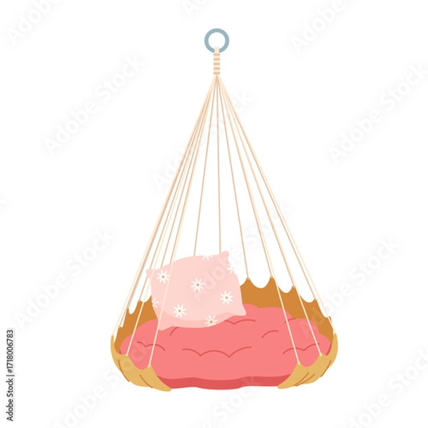 Fototapeta Soft cozy red big pillow hanging on ropes and ring to sleep and relax. Pink cushion with white floral pattern and garden lounge mattress, bed for rest and relaxation cartoon vector illustration