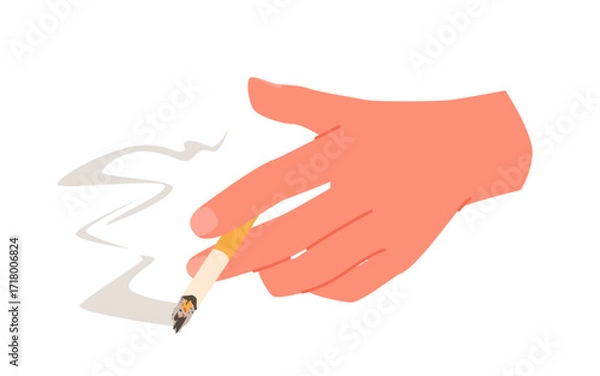 Fototapeta Hand of smoker holding burning nicotine cigarette with smoke. Part of arm with wrist and fingers of smoker, palm of smoking character with unhealthy habit and problems cartoon vector illustration