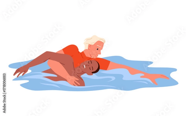 Fototapeta Emergency first aid to drowning man by professional lifeguard. Guy passed out in sea water in swimming accident, lifesaver holding victim to swim to beach and save life cartoon vector illustration