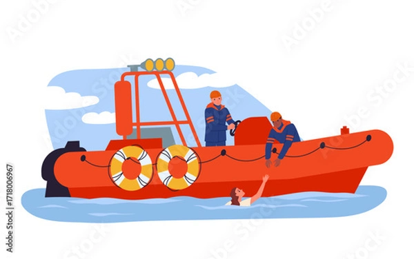 Fototapeta Rescue operation of lifeguards team on water. People in uniform rescuing drowning woman from water after swimming accident, rescuers in red boat with life preservers cartoon vector illustration