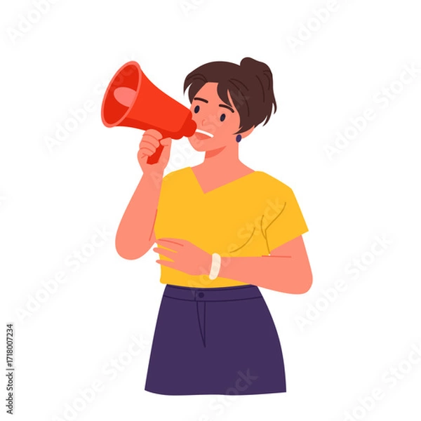 Fototapeta Young woman shouting announcement message in red megaphone. Girl holding loudspeaker to shout tips to community, speaker with bullhorn warning audience with loud voice cartoon vector illustration