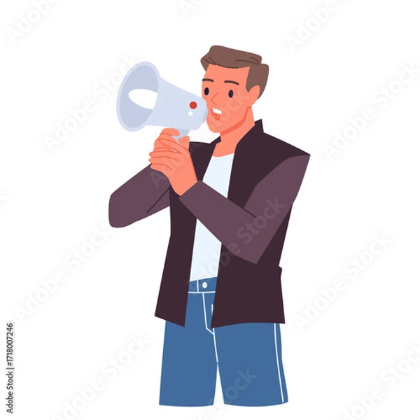 Fototapeta Young man shouting in megaphone, public speech of adult speaker on event, side view. Businessman in suit holding loudspeaker to speak at business presentation, conference cartoon