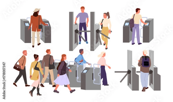 Fototapeta Turnstile entrance with people set. Passengers pass automatic tourniquet barriers with security access for underground subway infrastructure, commuter transportation cartoon vector illustration