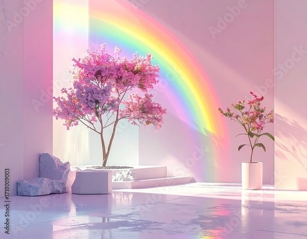 Fototapeta Pink and White Minimalist Room with Rainbow and Blossom Trees