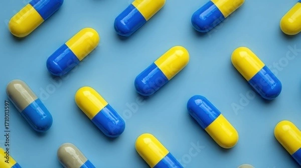 Fototapeta Colorful Capsules Spread on Blue Background Flat Lay Composition