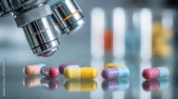 Fototapeta Colorful Capsules Under Microscope with Blurred Test Tubes in Background