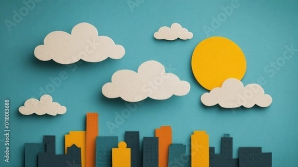 Obraz Colorful city skyline with paper clouds and sun on blue background