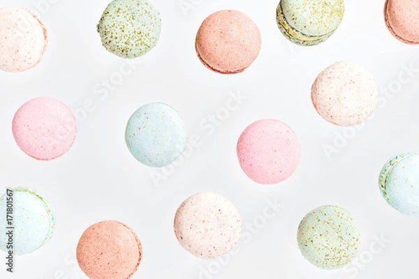 Obraz Macarons, top view flat lay, fly falling macaroon