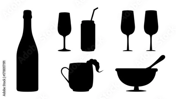 Fototapeta Silhouette Collection of Drinks Glasses, Bottle and Bowl