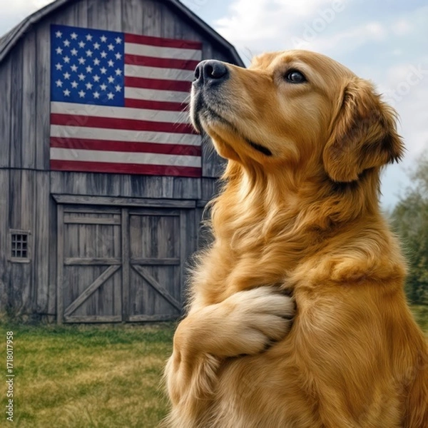 Fototapeta A golden retriever sits proudly in front of a rustic barn, with an American flag hanging on it and a paw over its heart